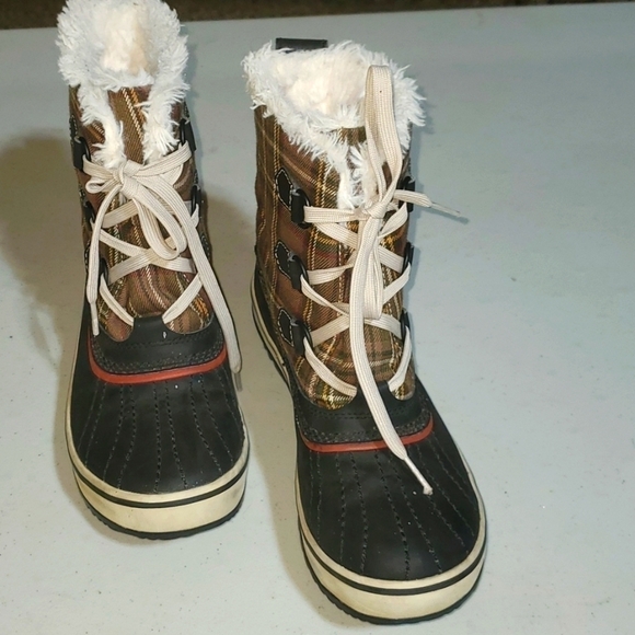 Sorel Tivoli Brown Plaid Lined Lace up Sz. 7 Winter Duck Boots - Picture 1 of 7